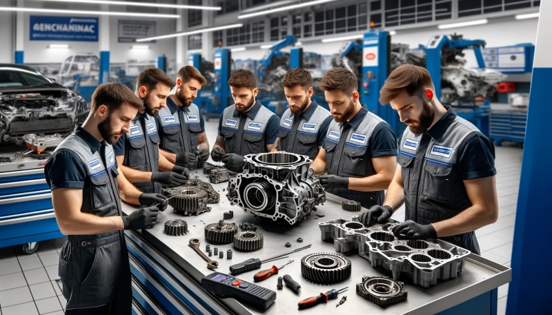 mechanicy skrzynie biegów regenerujący popsutą, uszkodzoną skrzynię